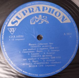 J. S. Bach / Josef Suk / Zuzana Růžičková - Sonatas For Harpsichord And Violin (1964)